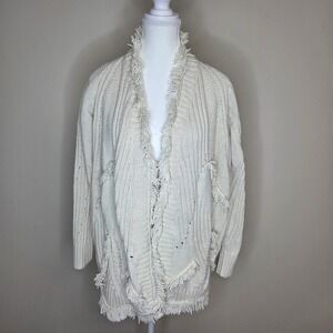 Rosie Neira Anthropologie Cream Fringe Chunky Knit  Cardigan Sweater Womens MP